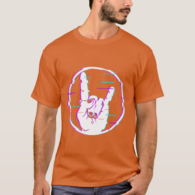 Camiseta Sinal de Glitch de Chifres Sinal de Mão Rock e Met (Frente)
