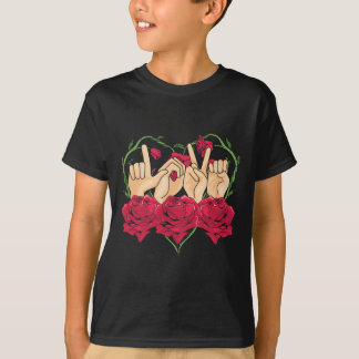 Camiseta Sinal de Língua de Sinais Rosa Coração Consciência