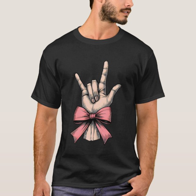 Camiseta Sinal de Linguagem de Sinais Coquette Bow Eu Amo V (Frente)