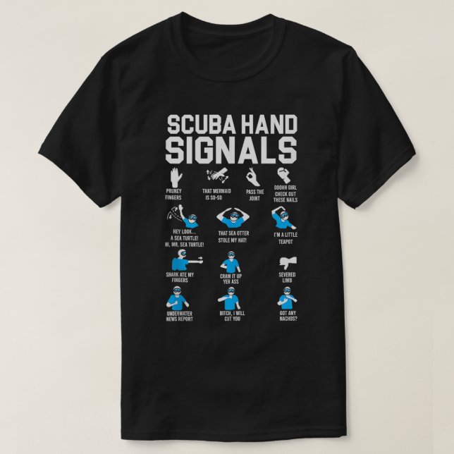 Camiseta Sinal de Mão da Equipe Scuba Diver Sinal de Mão Me (Frente do Design)