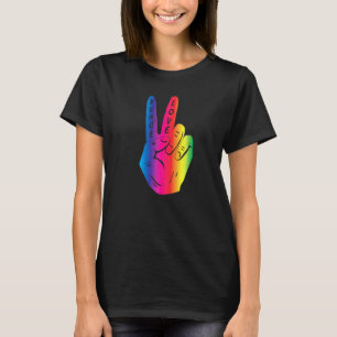 Camiseta Sinal de Mão de Paz Amor Arco-Íris Hippy Retro 70s