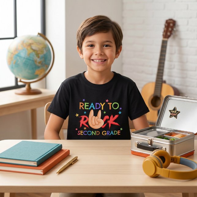 Camiseta Sinal de Mão de Rock 2º Ano Gráfico em Negrito de  (Rock Hand Sign 2nd Grade Bold Graphic Back to School Kids Tee)