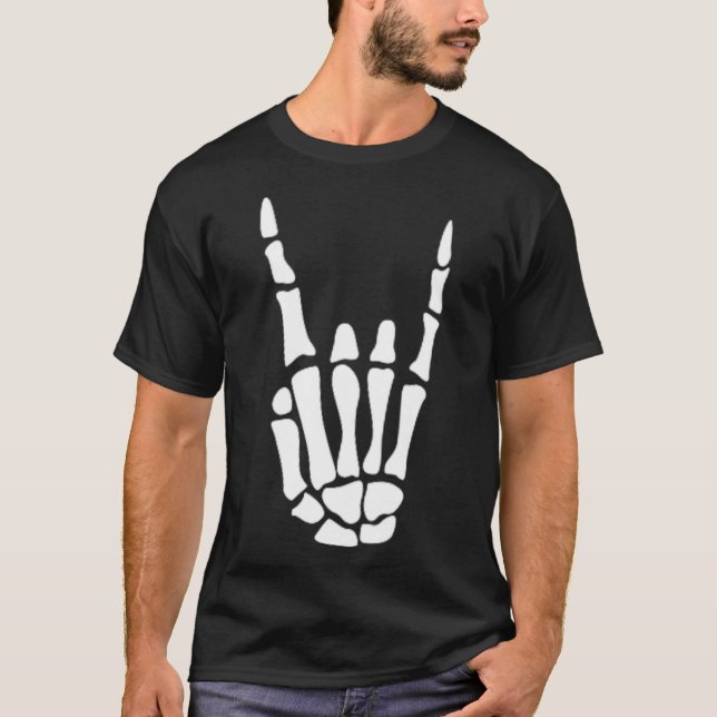 Camiseta Sinal de mão Rock on Skeleton - Halloween minimali (Frente)