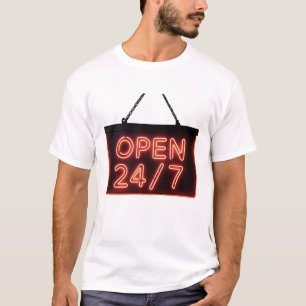Camiseta Sinal de Neon Vermelho Brilhante "ABERTO 24/7"
