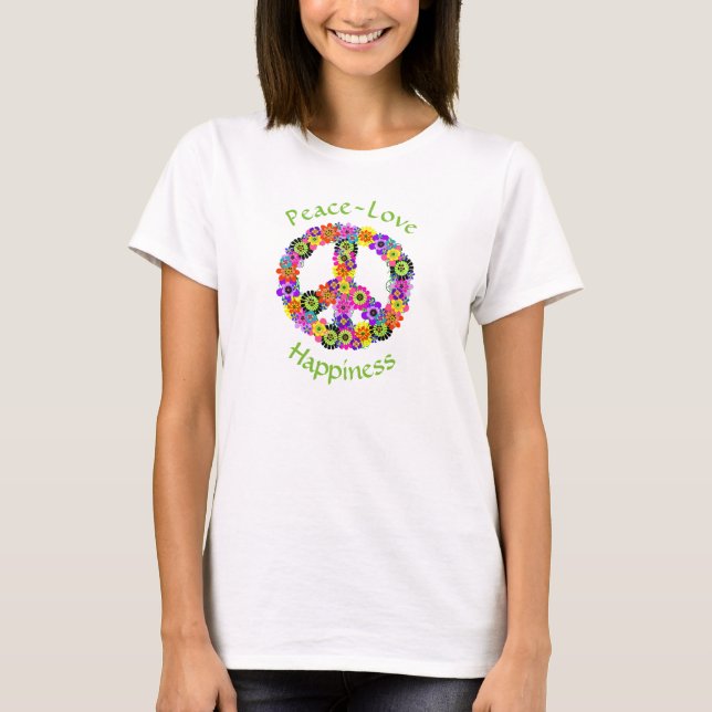 Camiseta Sinal de Paz Amor e Felicidade em Branco (Frente)