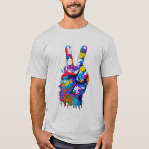 Camiseta Sinal de Paz Colorido com Gotejamento de Tinta Gra