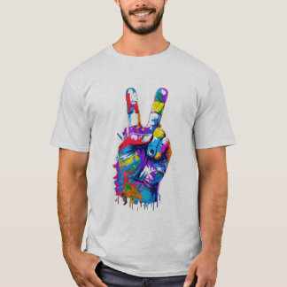 Camiseta Sinal de Paz Colorido com Gotejamento de Tinta Gra