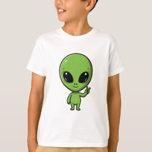 Camiseta Sinal de Paz de Alien Verde Fofo para Crianças