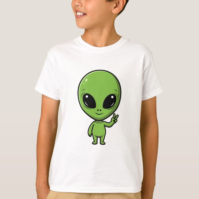 Camiseta Sinal de Paz de Alien Verde Fofo para Crianças (Frente)