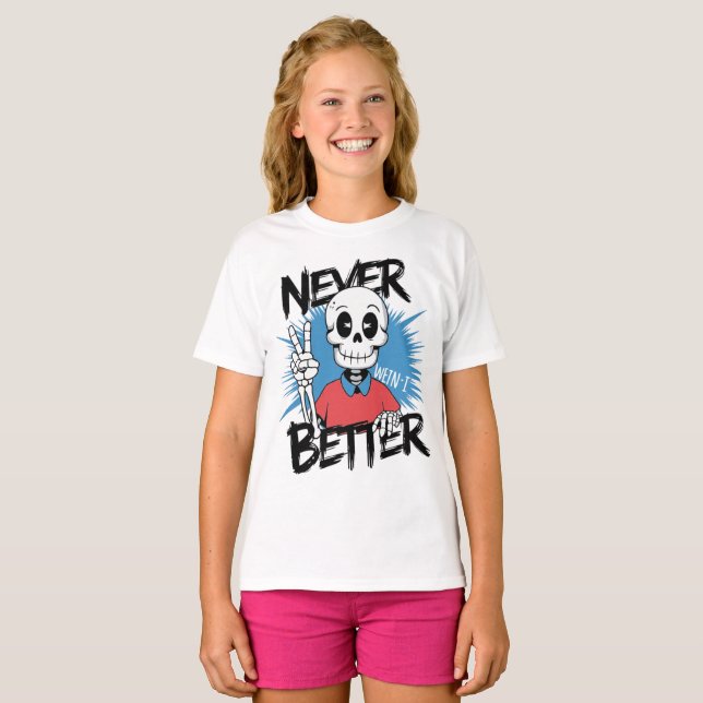 Camiseta Sinal de Paz de Esqueleto Nunca Melhor (Frente Completa)