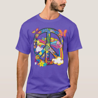 Camiseta Sinal de Paz Hippie Groovy Colorido Flores dos Ano
