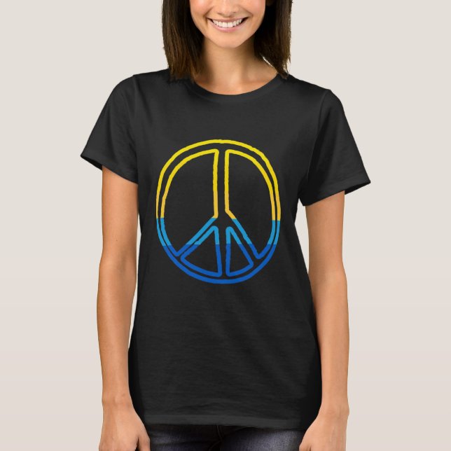Camiseta Sinal de Paz Nas Cores Da Ucrânia Amarelo E Azul  (Frente)