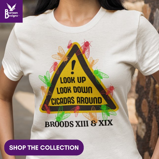 Camiseta Sinal de risco de diversão em torno de 2024 (Stylish Cicada 2024 Broods T-shirt with yellow hazard sign & customizable text. Shop the collection)