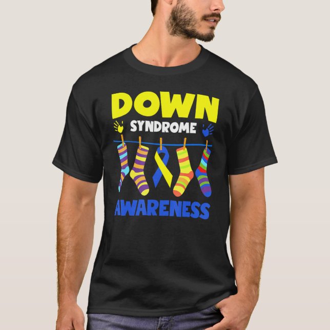 Camiseta Síndrome Abaixo Mãos Azuis E Amarelas (Frente)