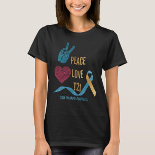 Camiseta Síndrome de Abaixo Fita Amarela Azul T21 Peace Lo