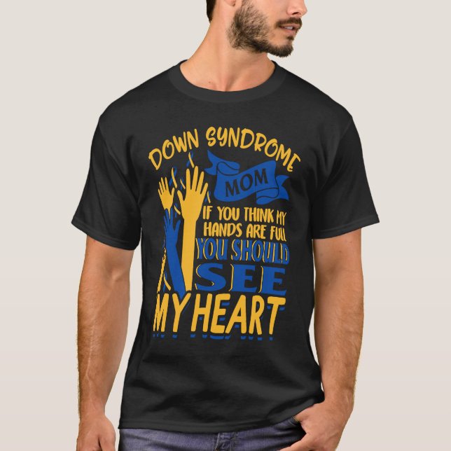 Camiseta Síndrome de Down Mãe Consciência Amor Azul Amarelo (Frente)