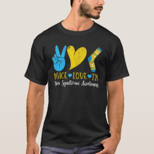 Camiseta Síndrome de Down Peace Love T21 Funny Blue Yellow 