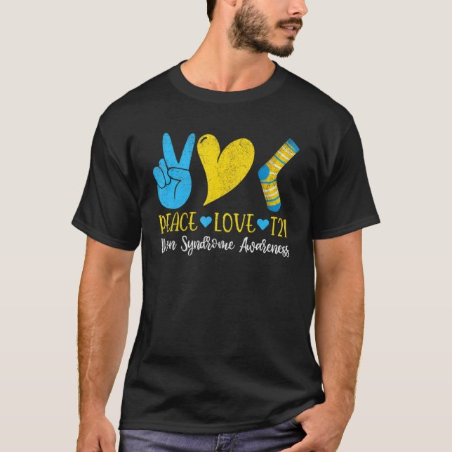 Camiseta Síndrome de Down Peace Love T21 Funny Blue Yellow  (Frente)