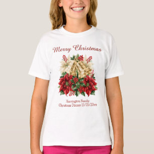 Camiseta Sinos de Natal Poinsettias Azevinho Família Combin
