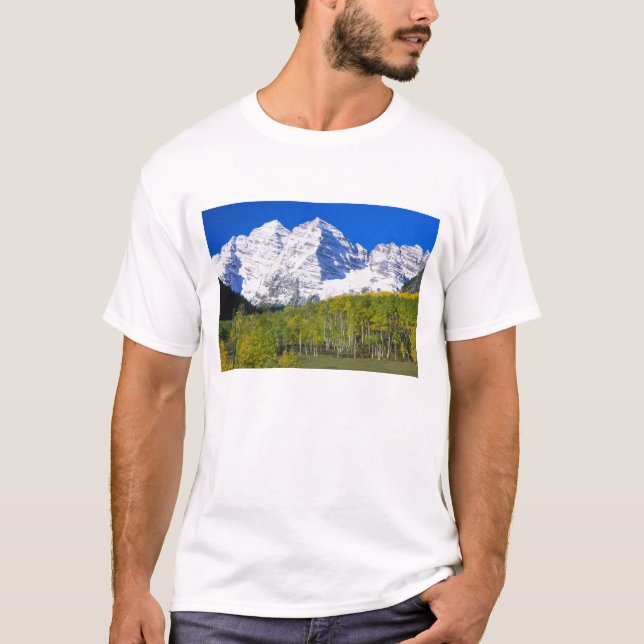 Camiseta Sinos Maroon com floresta de álamos no outono. (Frente)