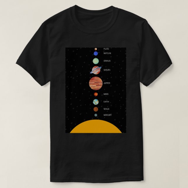 Camiseta Sistema solar com o escrevendo dos nomes dos (Frente do Design)