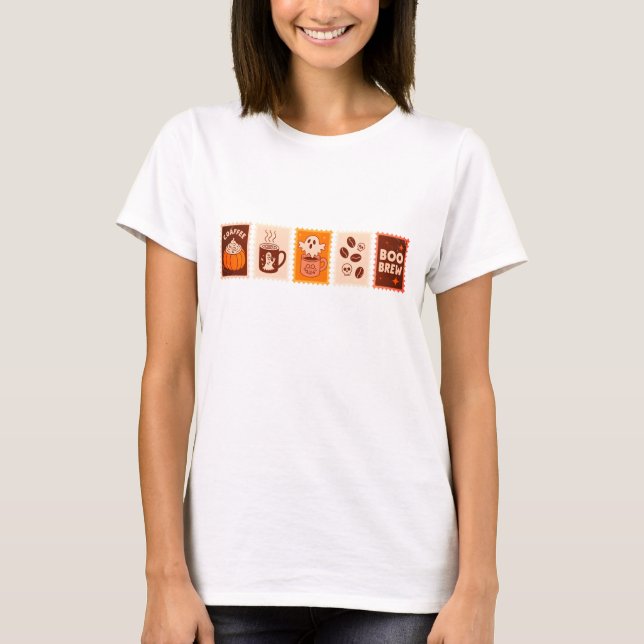 Camiseta Six set of postal stamp design of coffee halloween (Frente)