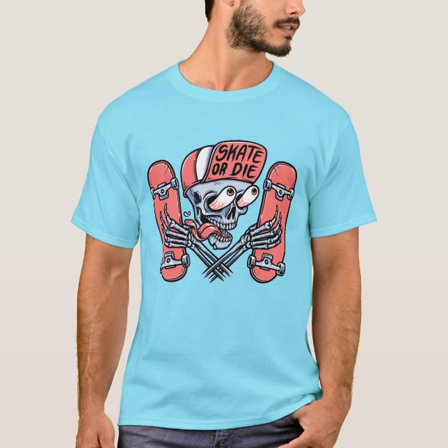 Camiseta Skate Or Die Funny Skull Skateboarding Design (Frente)