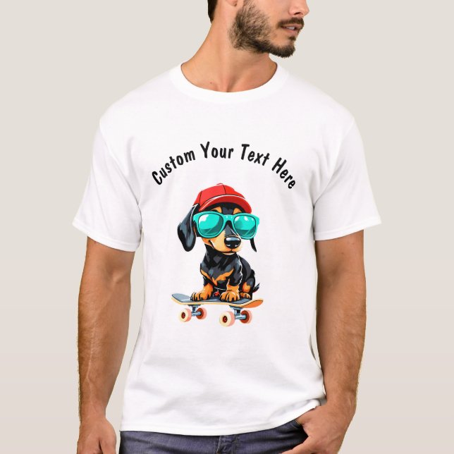 Camiseta Skateboard e Cão-Dachshund Cute Personalizáveis (Frente)