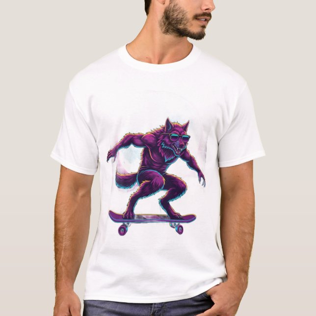 Camiseta Skateboardista Lobisomem Synthwave (Frente)