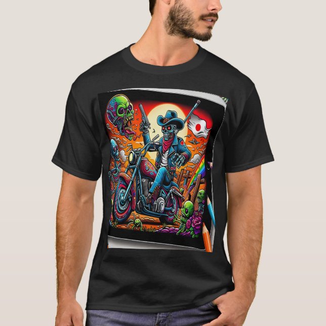 Camiseta Skeletal Knight on Bike in Zombie Apocalypse (Frente)