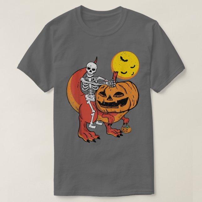 Camiseta Skeleton Andando Cabeça de Abóbora Dinossauro T re (Frente do Design)