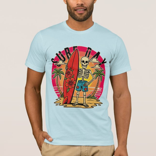 Camiseta Skeleton Beach Surf Day para Homens e Mul (Frente)