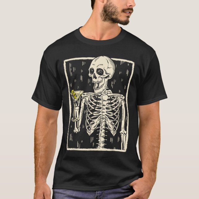 Camiseta Skeleton Bebendo Martini Tail Retro Halloween Cos (Frente)