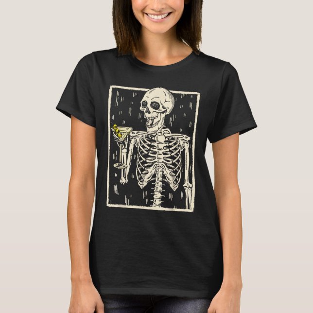 Camiseta Skeleton Bebendo Martini Tail Retro Halloween Cos (Frente)