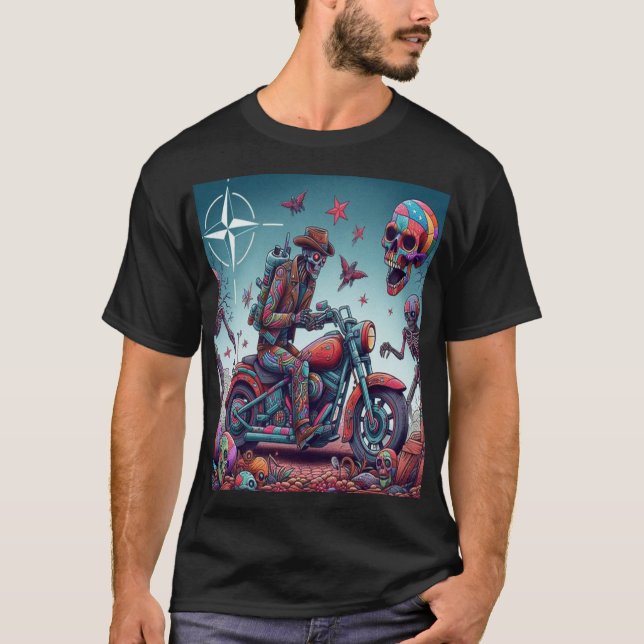 Camiseta Skeleton Biker in Surreal Psychedelic World (Frente)