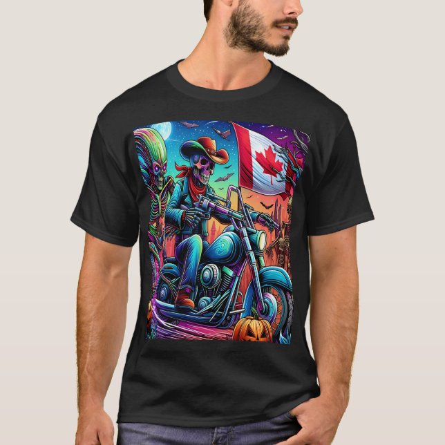 Camiseta Skeleton Biker's Halloween Adventure (Frente)