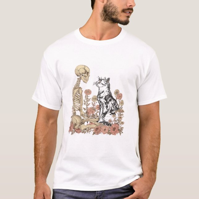 Camiseta Skeleton Cat Flower Cute Kitten (Frente)