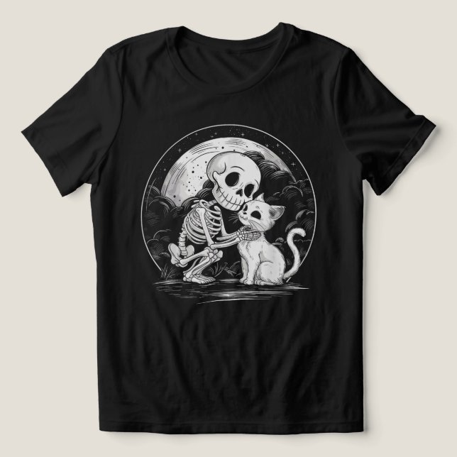 Camiseta Skeleton Cat Skull Gatinho - Halloween de Gótico b (Design frontal)