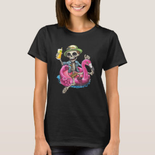 Camiseta Skeleton Chilling On Flamingo Lifebuoy Halloween S