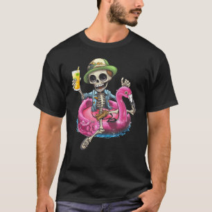 Camiseta Skeleton Chilling On Flamingo Lifebuoy Halloween S