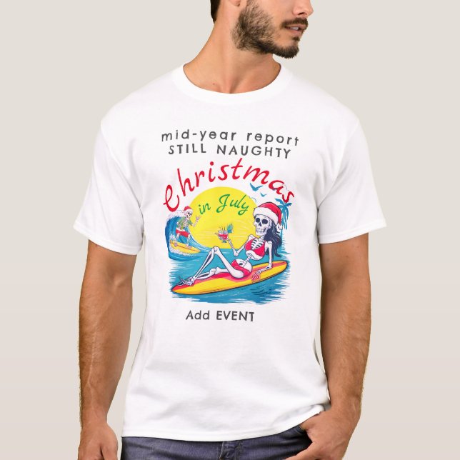 Camiseta Skeleton Christmas em julho Beach Surf Naughn (Frente)