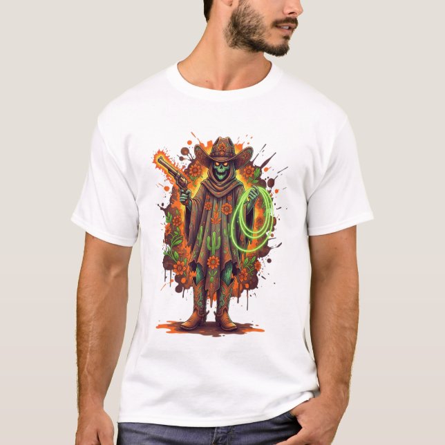 Camiseta Skeleton Cowboy Western Halloween (Frente)
