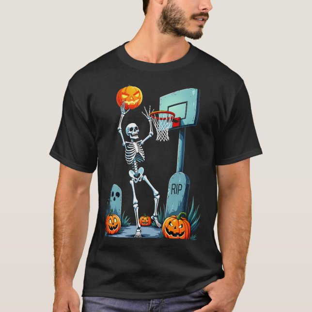 Camiseta Skeleton de Basquete Halloween Pumpkin (Frente)