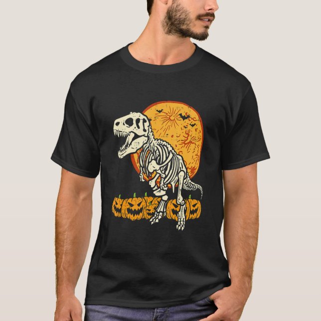 Camiseta Skeleton Dinosaur Trex Dino Pumpkins Moon Boys Hal (Frente)