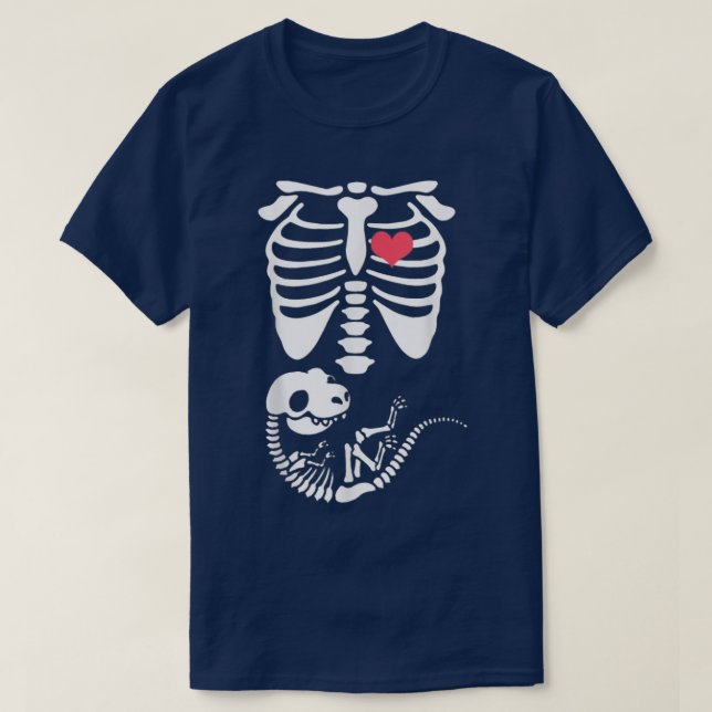 Camiseta Skeleton Dinossauro Cardíaco Grávida XRay Engraçad (Frente do Design)