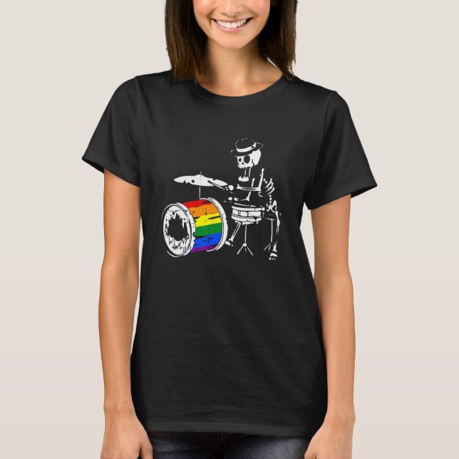 Camiseta Skeleton Drummer Gay Pride LGBT Q Rainbow Drum Pri (Frente)