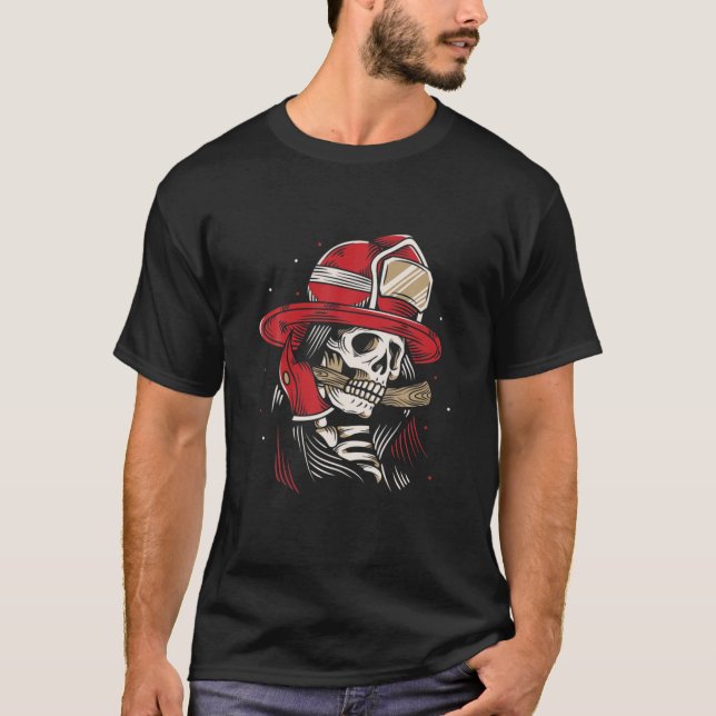 Camiseta Skeleton Firefighter Preguiçoso Halloween Skype (Frente)