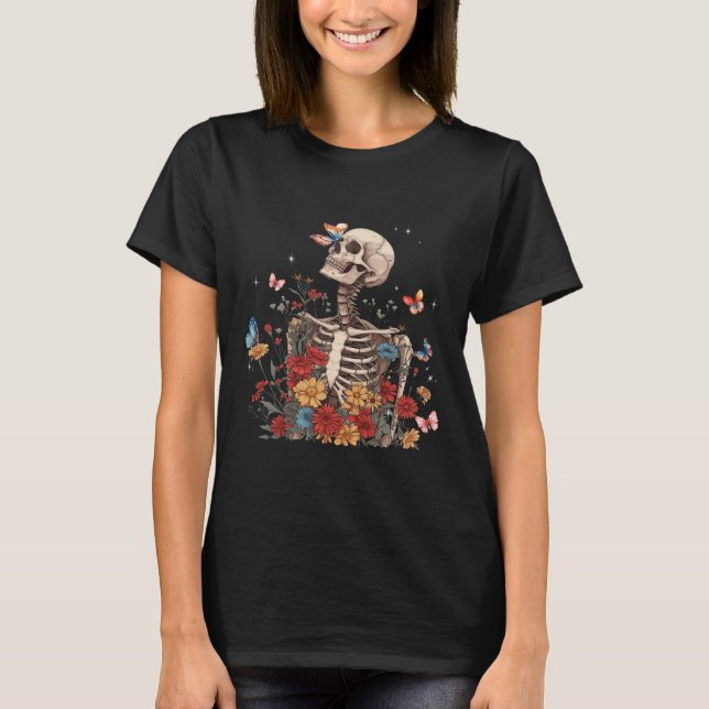 Camiseta Skeleton Flores Borboleta Floral Homens de Hallowe (Frente)