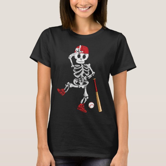 Camiseta Skeleton Halloween Engraçado Esqueleto Jogando Bas (Frente)