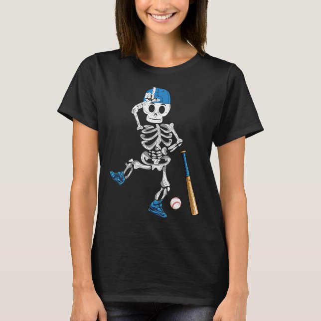 Camiseta Skeleton Halloween Vintage Jogando Baseball (Frente)